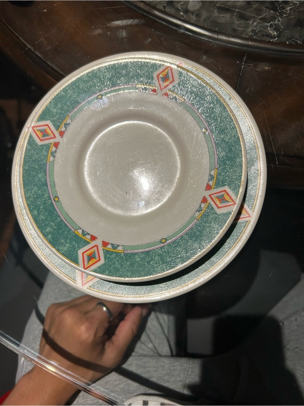 Decorative Green Patterned Soup Bowl and Saucer - Neutral Brand